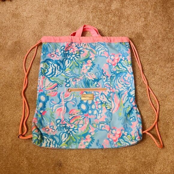 Lilly Pulitzer Drawstring Beach Backpack in "Aqua Vista" - Picture 1 of 11